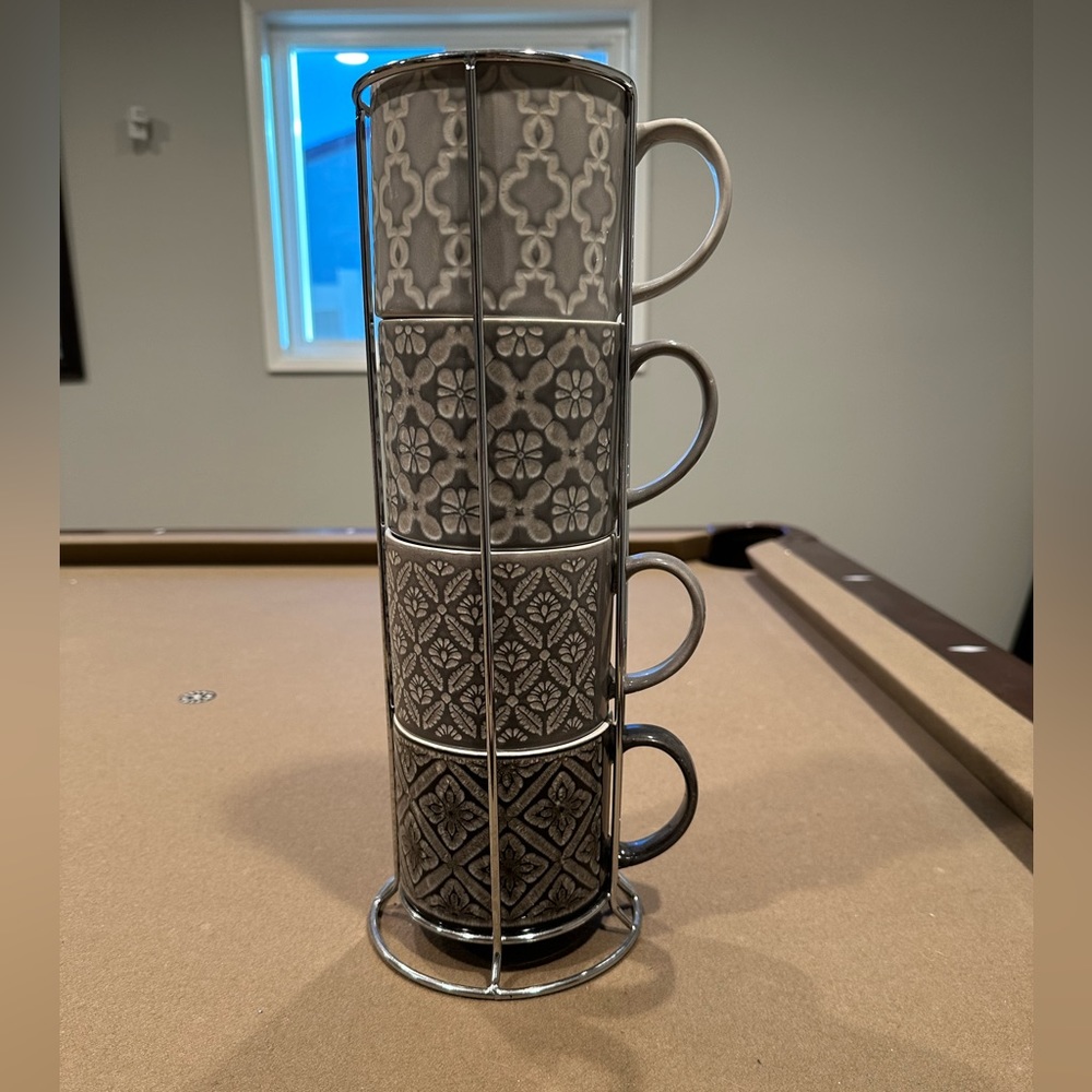 Grey scale set of 4 coffee mugs with rack